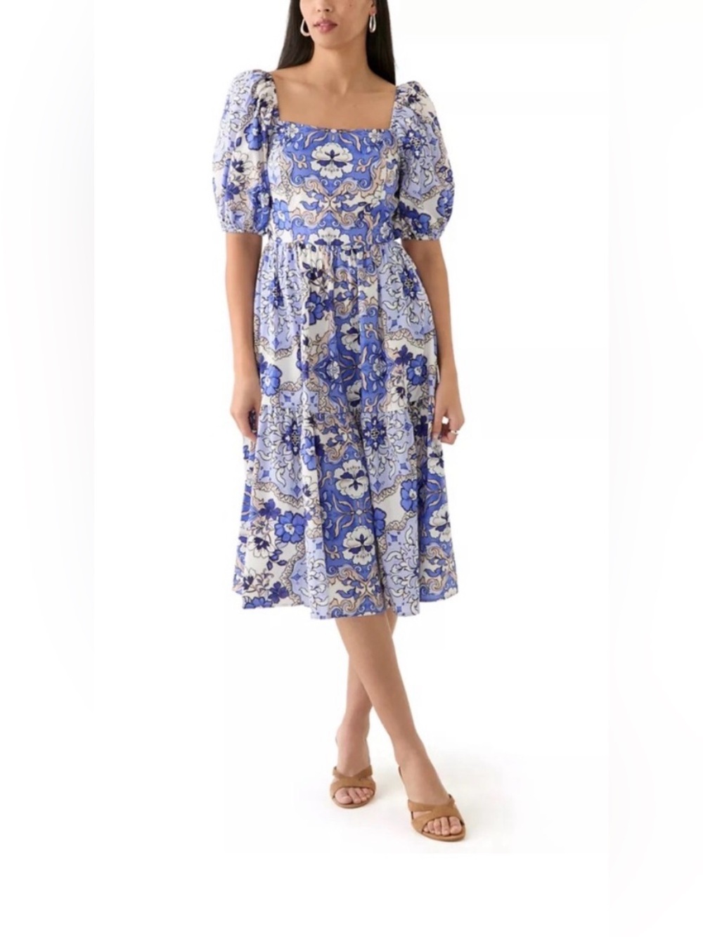 NWT Vince Camuto Blue Floral Puff Sleeve Midi Dress With Pockets Size 10 $148